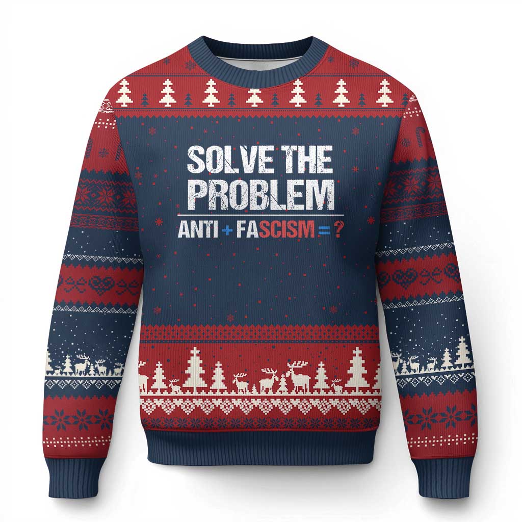 Funny Anti Fascism Protest Ugly Christmas Sweater Solve The Problem TS11 Navy Red Print Your Wear