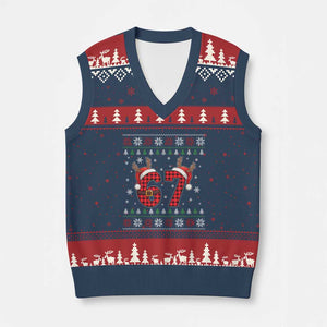 Funny 67 Six Seven Meme Brainrot Cringe Xmas Plaid Graphic V-Neck Knit Sweater Vest TS11 Navy Red Print Your Wear