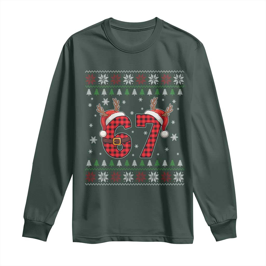 Funny 67 Six Seven Meme Brainrot Cringe Christmas Plaid Graphic Long Sleeve Shirt TS11 Dark Forest Green Print Your Wear