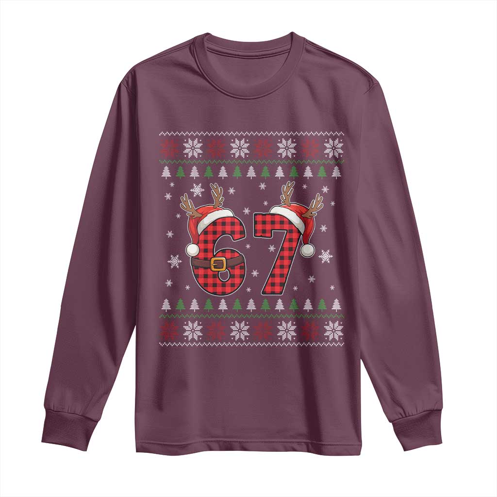 Funny 67 Six Seven Meme Brainrot Cringe Christmas Plaid Graphic Long Sleeve Shirt TS11 Maroon Print Your Wear
