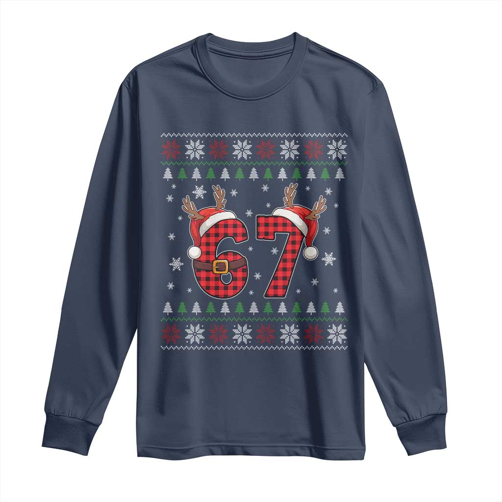 Funny 67 Six Seven Meme Brainrot Cringe Christmas Plaid Graphic Long Sleeve Shirt TS11 Navy Print Your Wear