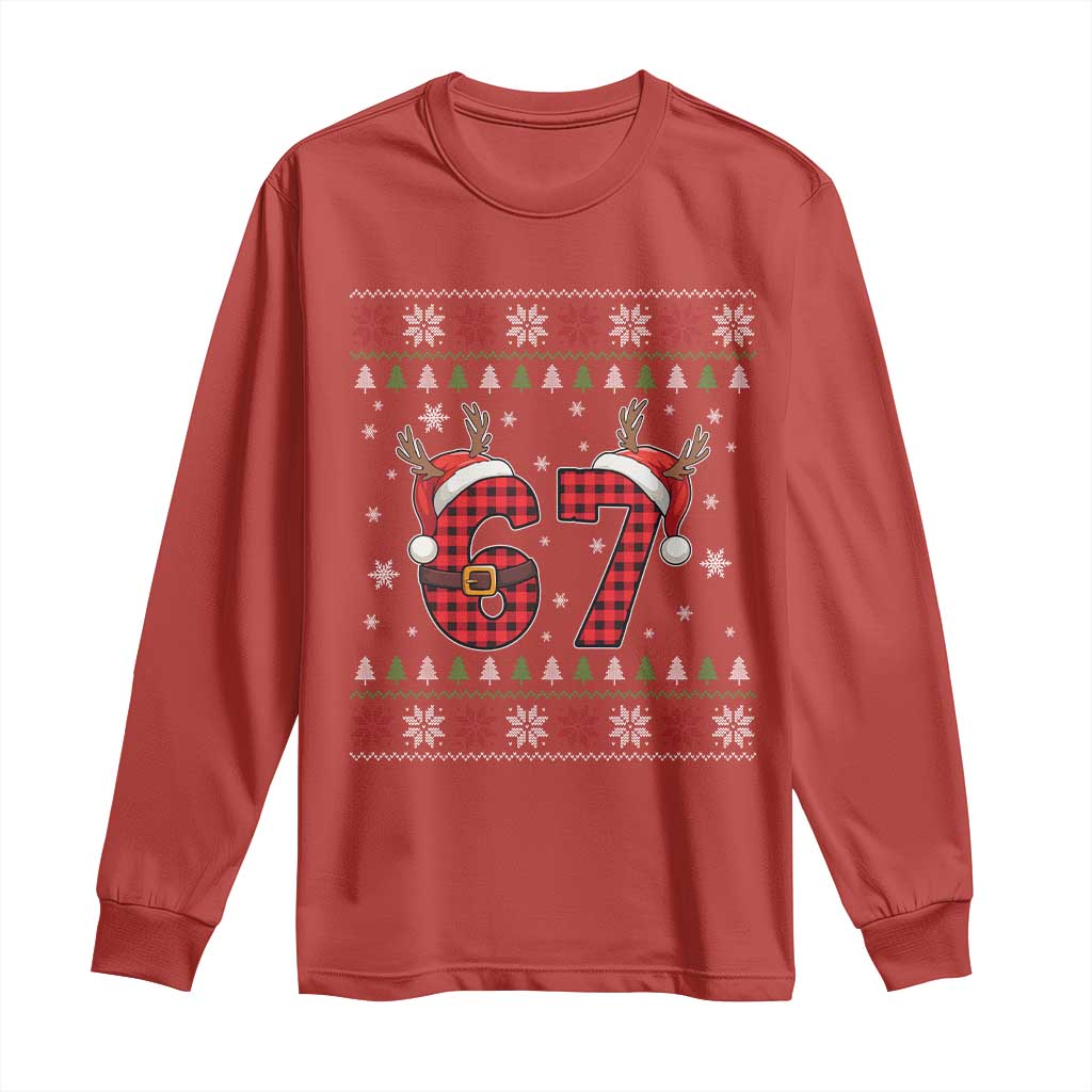 Funny 67 Six Seven Meme Brainrot Cringe Christmas Plaid Graphic Long Sleeve Shirt TS11 Red Print Your Wear