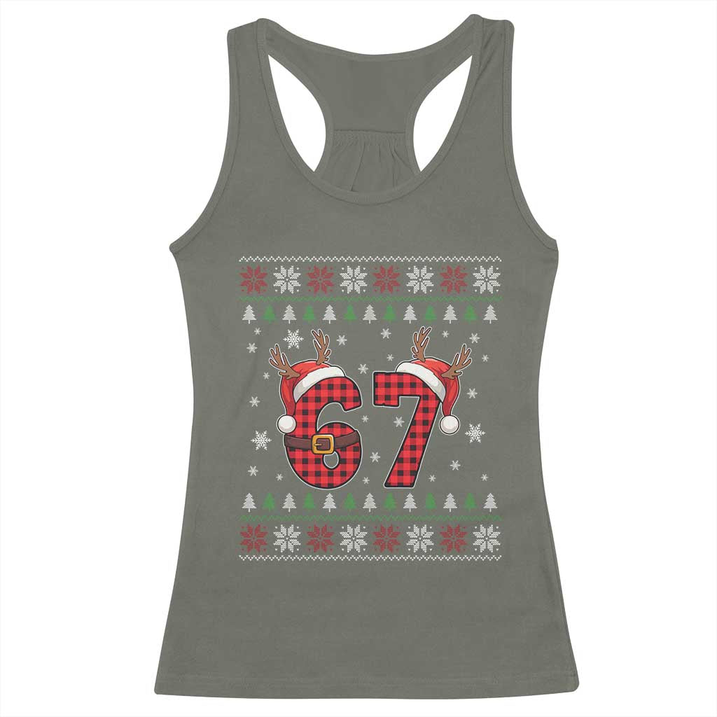 Funny 67 Six Seven Meme Brainrot Cringe Christmas Plaid Graphic Racerback Tank Top TS11 Military Green Print Your Wear