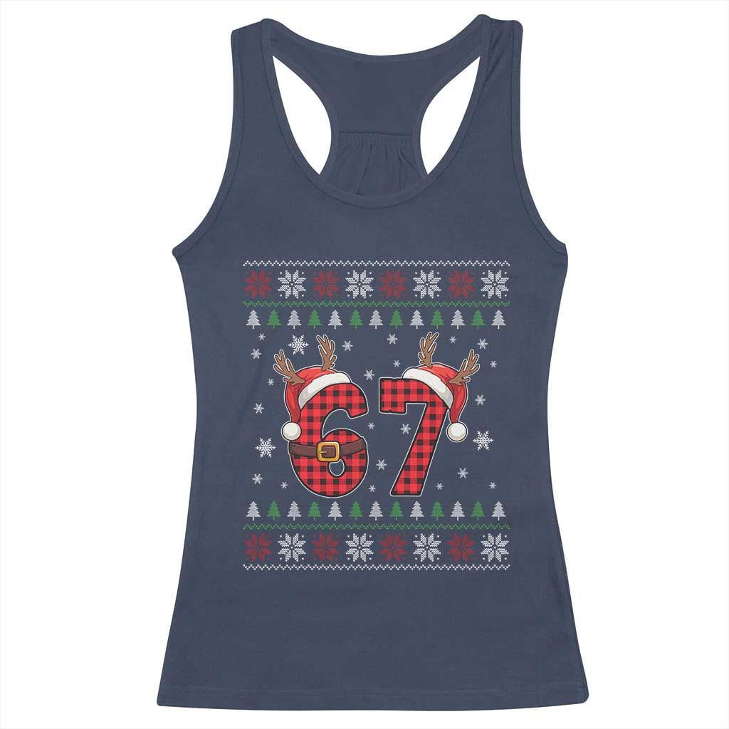 Funny 67 Six Seven Meme Brainrot Cringe Christmas Plaid Graphic Racerback Tank Top TS11 Navy Print Your Wear