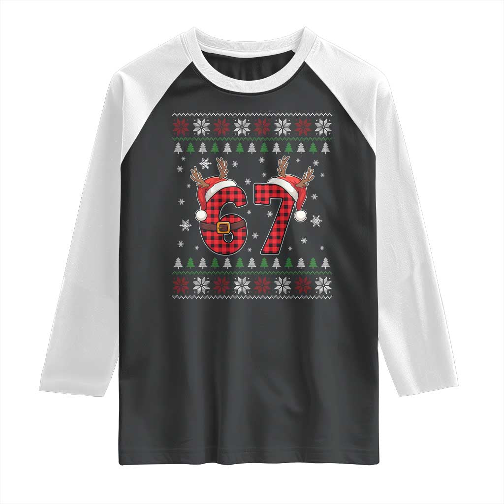 Funny 67 Six Seven Meme Brainrot Cringe Christmas Plaid Graphic Raglan Shirt TS11 Black White Print Your Wear