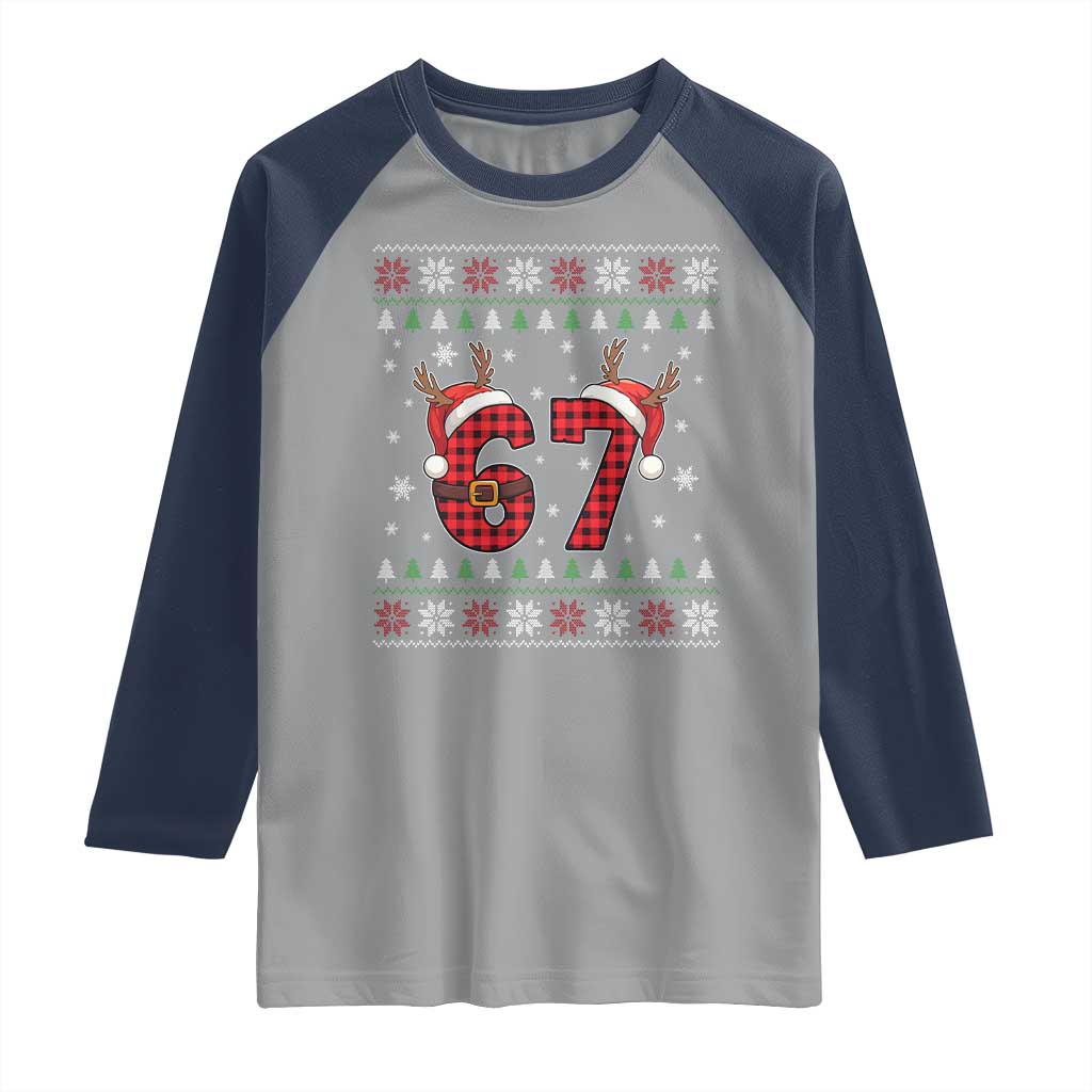 Funny 67 Six Seven Meme Brainrot Cringe Christmas Plaid Graphic Raglan Shirt TS11 Sport Gray Navy Print Your Wear