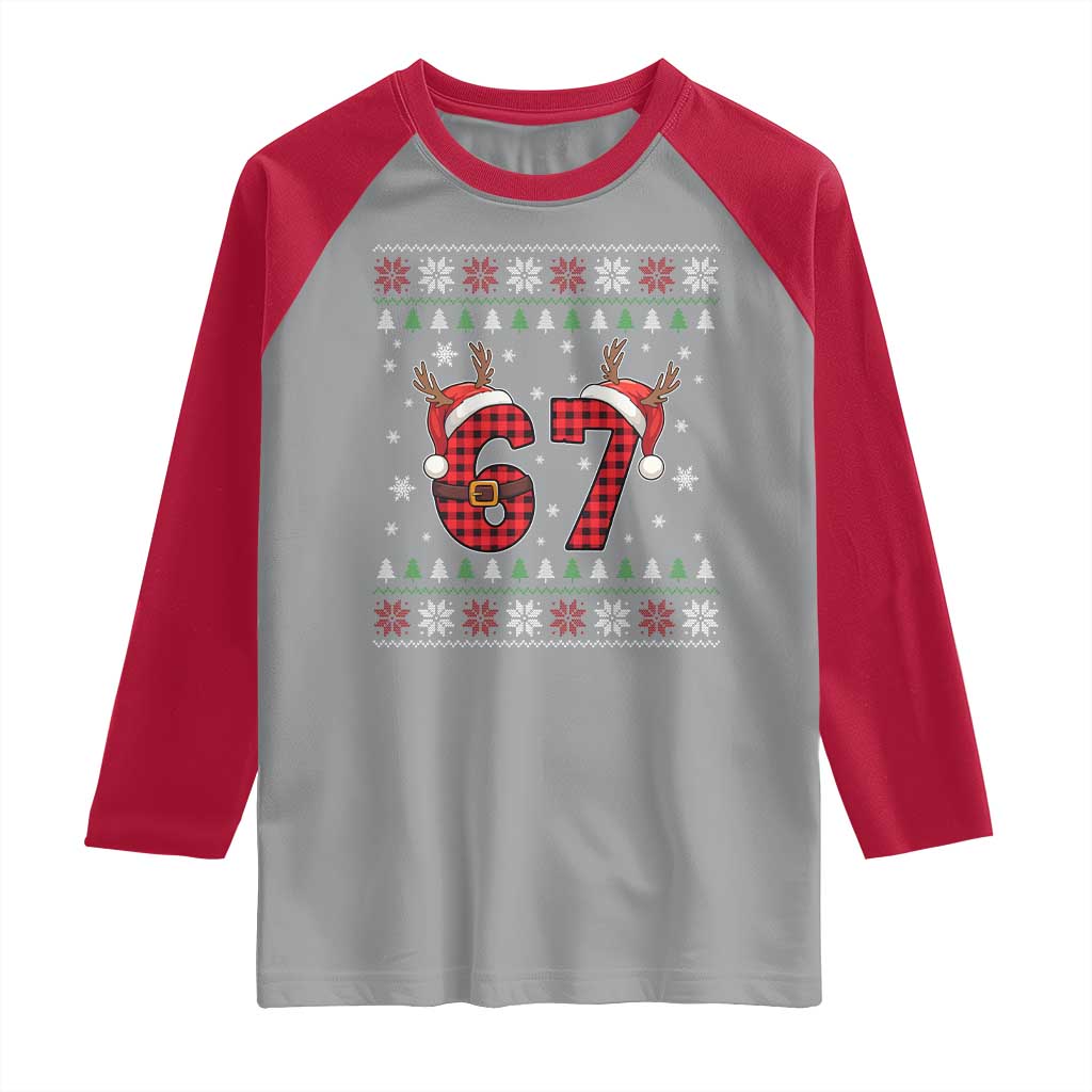 Funny 67 Six Seven Meme Brainrot Cringe Christmas Plaid Graphic Raglan Shirt TS11 Sport Gray Red Print Your Wear