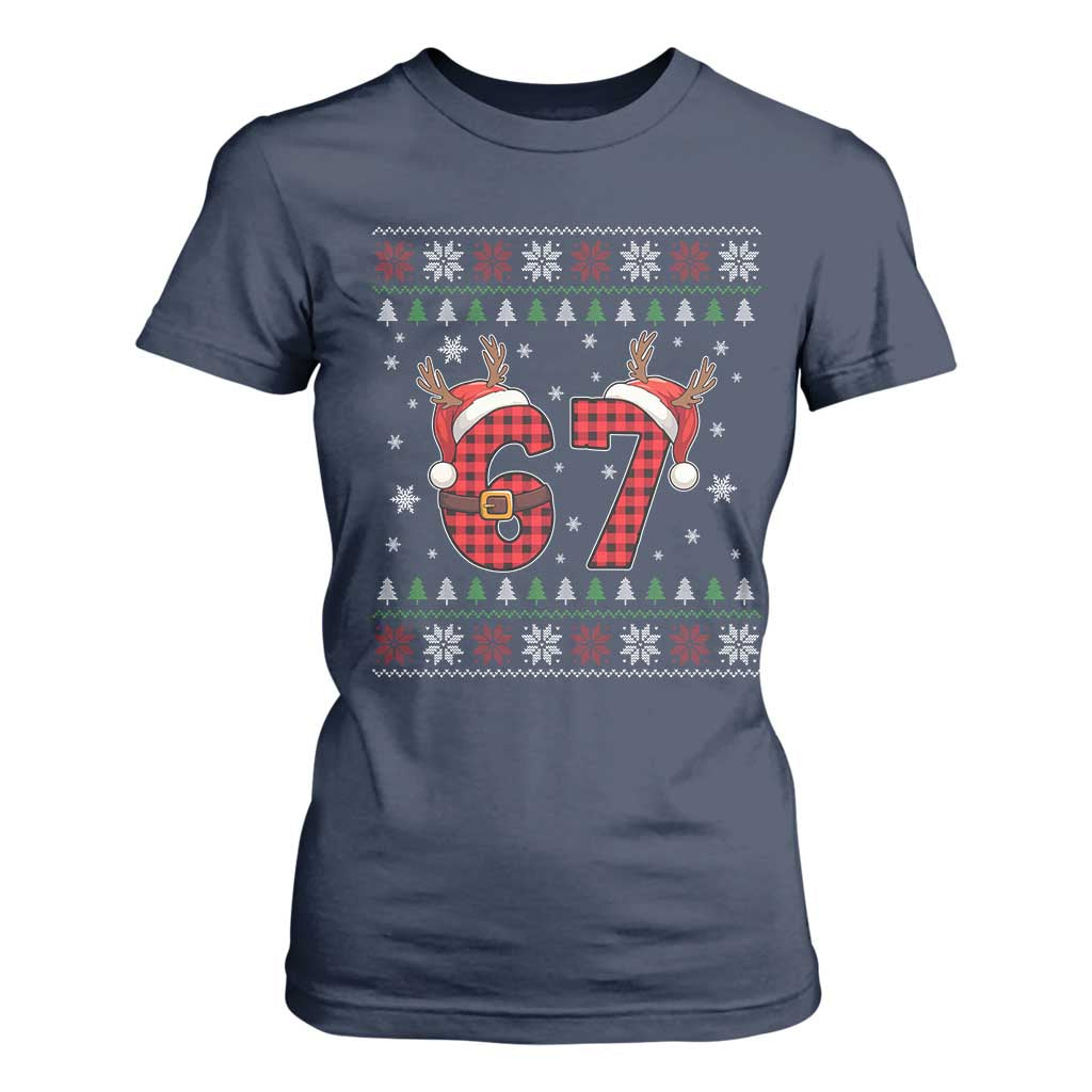 Funny 67 Six Seven Meme Brainrot Cringe Christmas Plaid Graphic T Shirt For Women TS11 Navy Print Your Wear