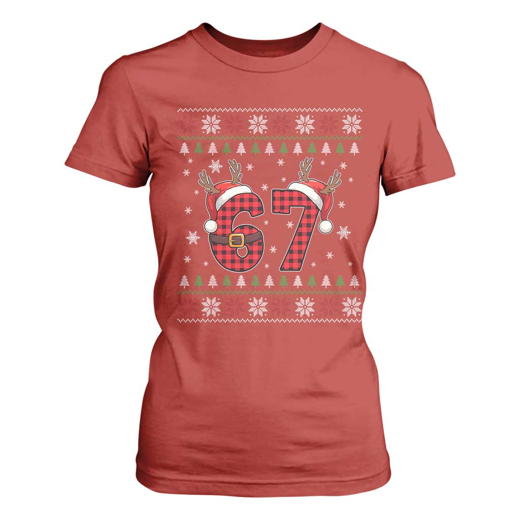 Funny 67 Six Seven Meme Brainrot Cringe Christmas Plaid Graphic T Shirt For Women TS11 Red Print Your Wear