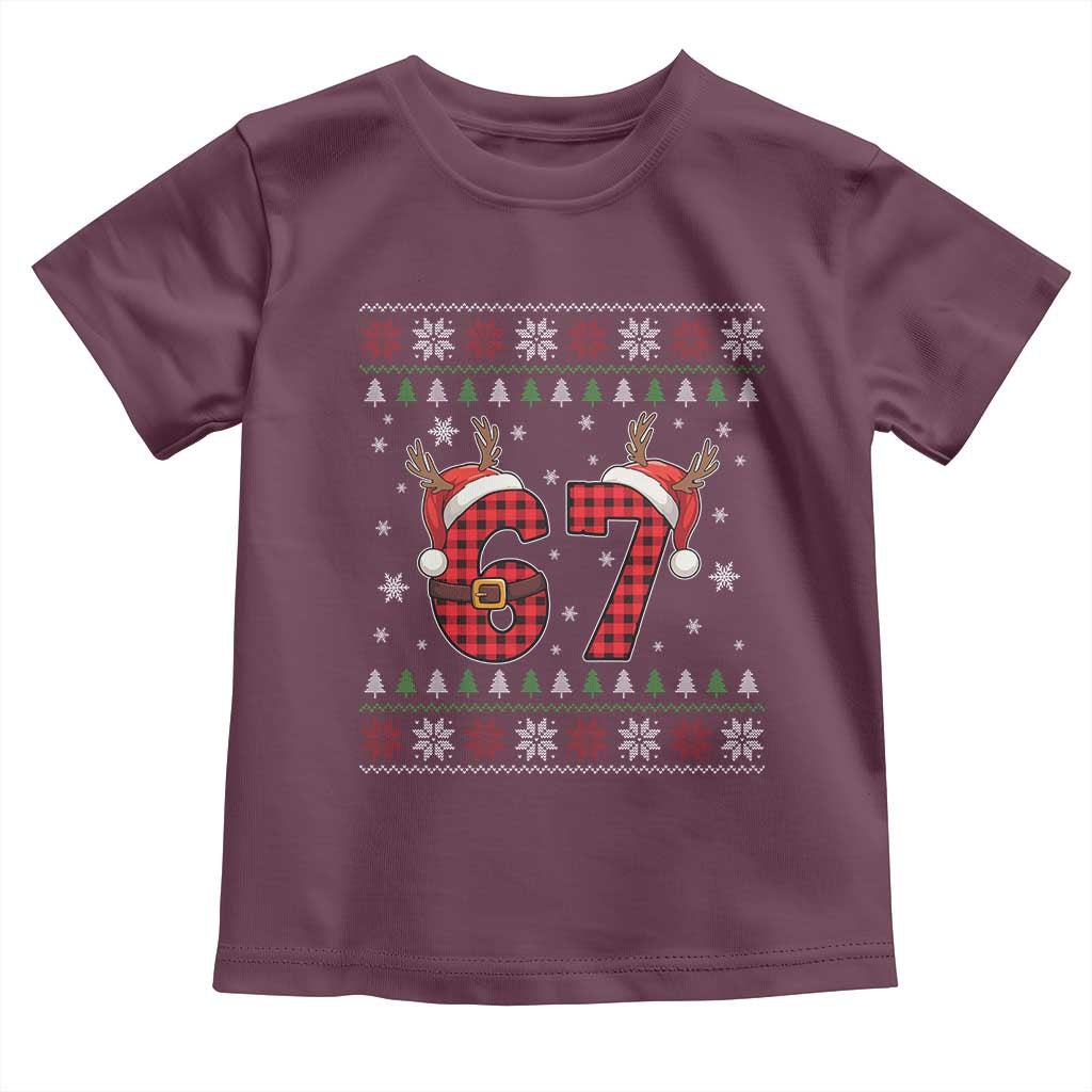 Funny 67 Six Seven Meme Brainrot Cringe Christmas Plaid Graphic Toddler T Shirt TS11 Maroon Print Your Wear