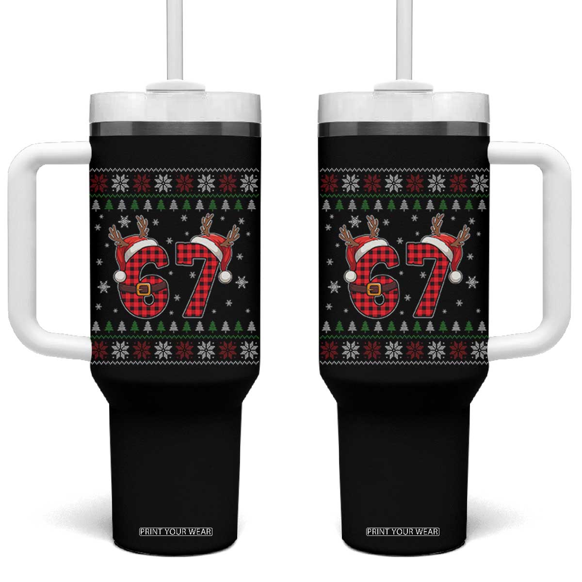 Funny 67 Six Seven Meme Brainrot Cringe Christmas Plaid Graphic Tumbler With Handle TS11 One Size: 40 oz Black Print Your Wear