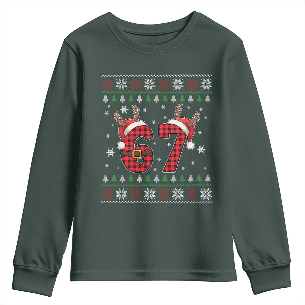Funny 67 Six Seven Meme Brainrot Cringe Christmas Plaid Graphic Youth Sweatshirt TS11 Dark Forest Green Print Your Wear