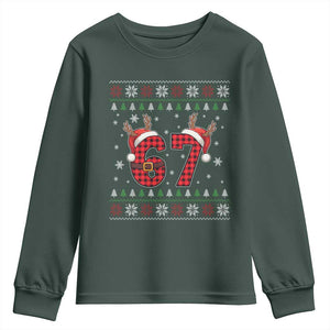 Funny 67 Six Seven Meme Brainrot Cringe Christmas Plaid Graphic Youth Sweatshirt TS11 Dark Forest Green Print Your Wear