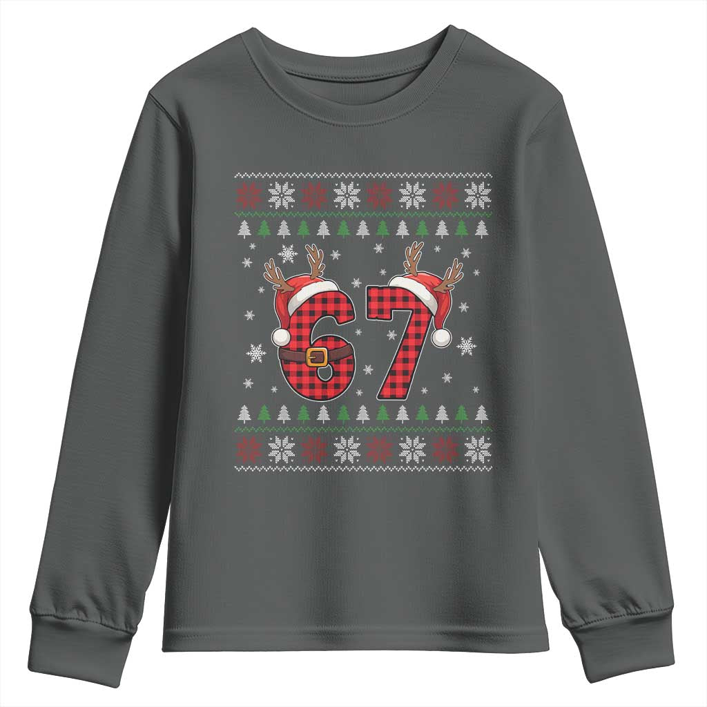 Funny 67 Six Seven Meme Brainrot Cringe Christmas Plaid Graphic Youth Sweatshirt TS11 Dark Heather Print Your Wear