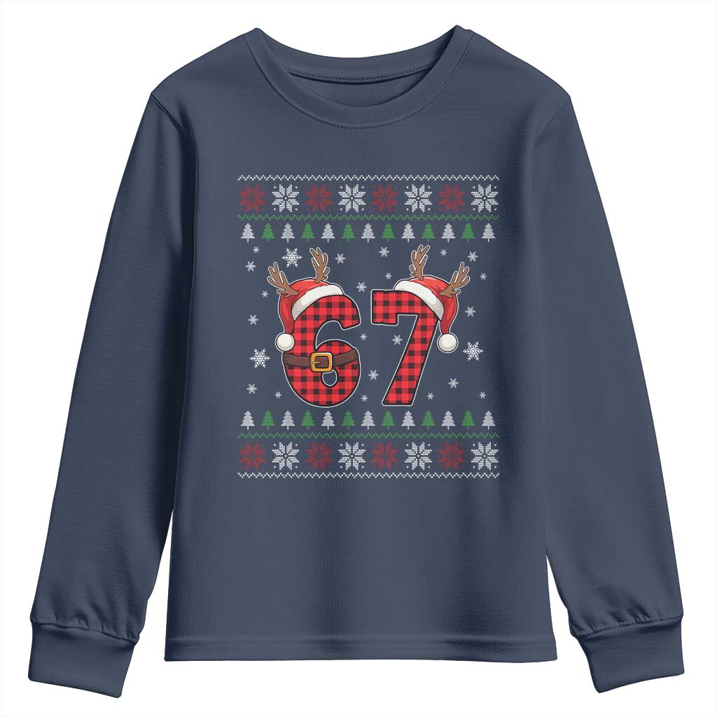 Funny 67 Six Seven Meme Brainrot Cringe Christmas Plaid Graphic Youth Sweatshirt TS11 Navy Print Your Wear