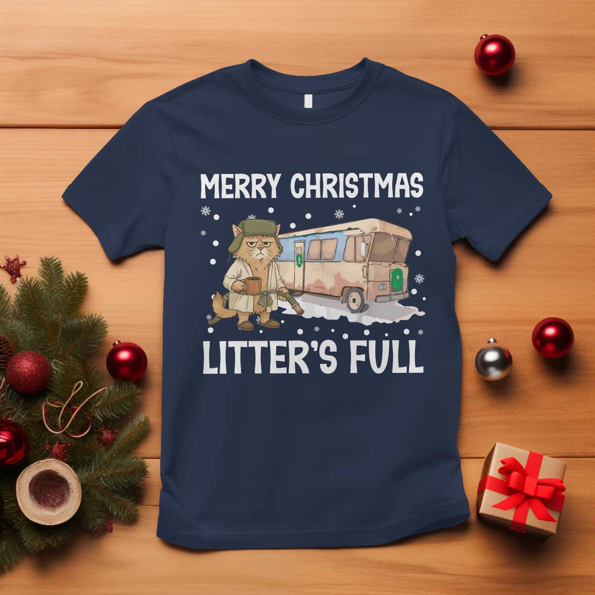 Funny Merry Christmas Litter's Full Cat Parody T Shirt Xmas Movie TS11 Navy Print Your Wear