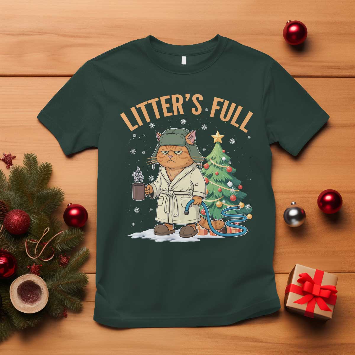 Funny Christmas Vacation Movie Litter's Full Cat T Shirt Xmas Tree TS11 Dark Forest Green Print Your Wear