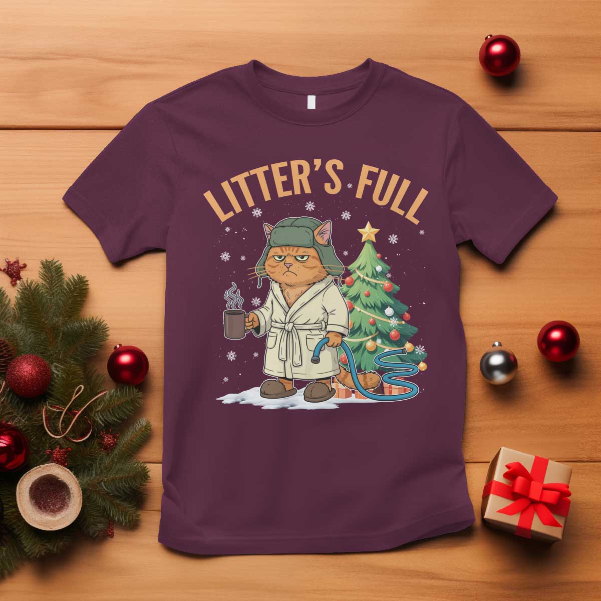 Funny Christmas Vacation Movie Litter's Full Cat T Shirt Xmas Tree TS11 Maroon Print Your Wear