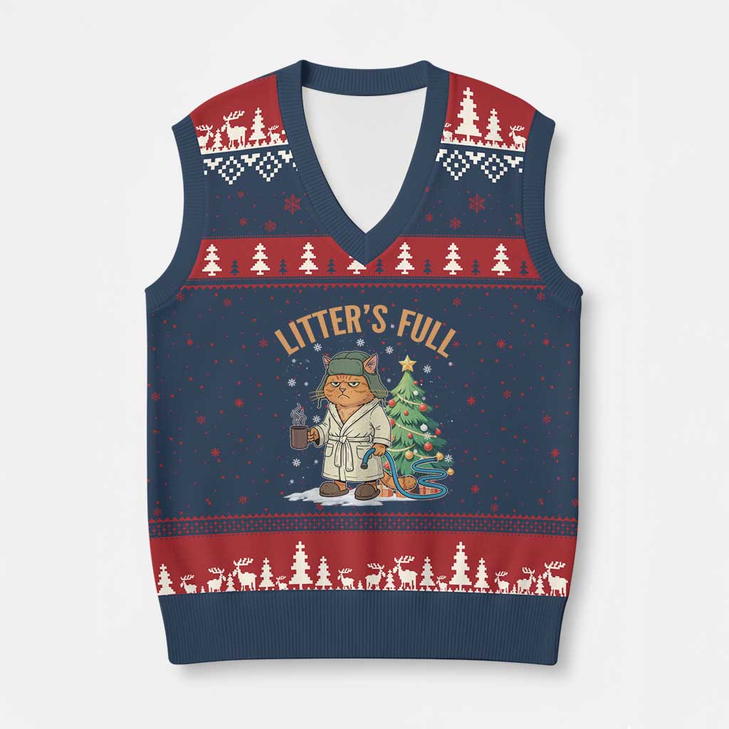 Funny Xmas Vacation Movie Litter's Full Cat V-Neck Knit Sweater Vest Xmas Tree TS11 Navy Red Print Your Wear