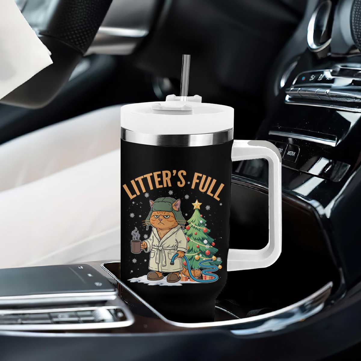 Funny Christmas Vacation Movie Litter's Full Cat Tumbler With Handle Xmas Tree TS11 Print Your Wear