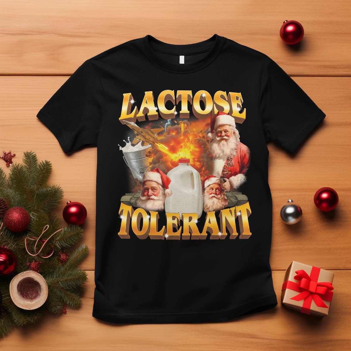 Funny Christmas Santa Lactose Tolerant T Shirt Xmas Tummy Ironic Sarcastic Meme TS11 Black Print Your Wear
