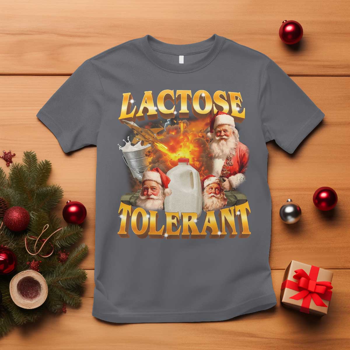 Funny Christmas Santa Lactose Tolerant T Shirt Xmas Tummy Ironic Sarcastic Meme TS11 Charcoal Print Your Wear