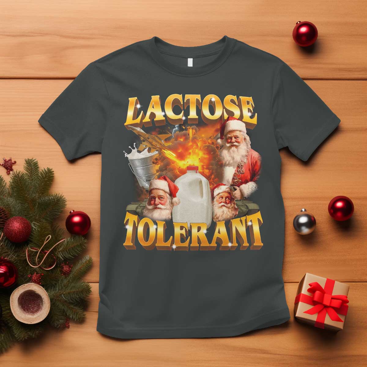 Funny Christmas Santa Lactose Tolerant T Shirt Xmas Tummy Ironic Sarcastic Meme TS11 Dark Heather Print Your Wear