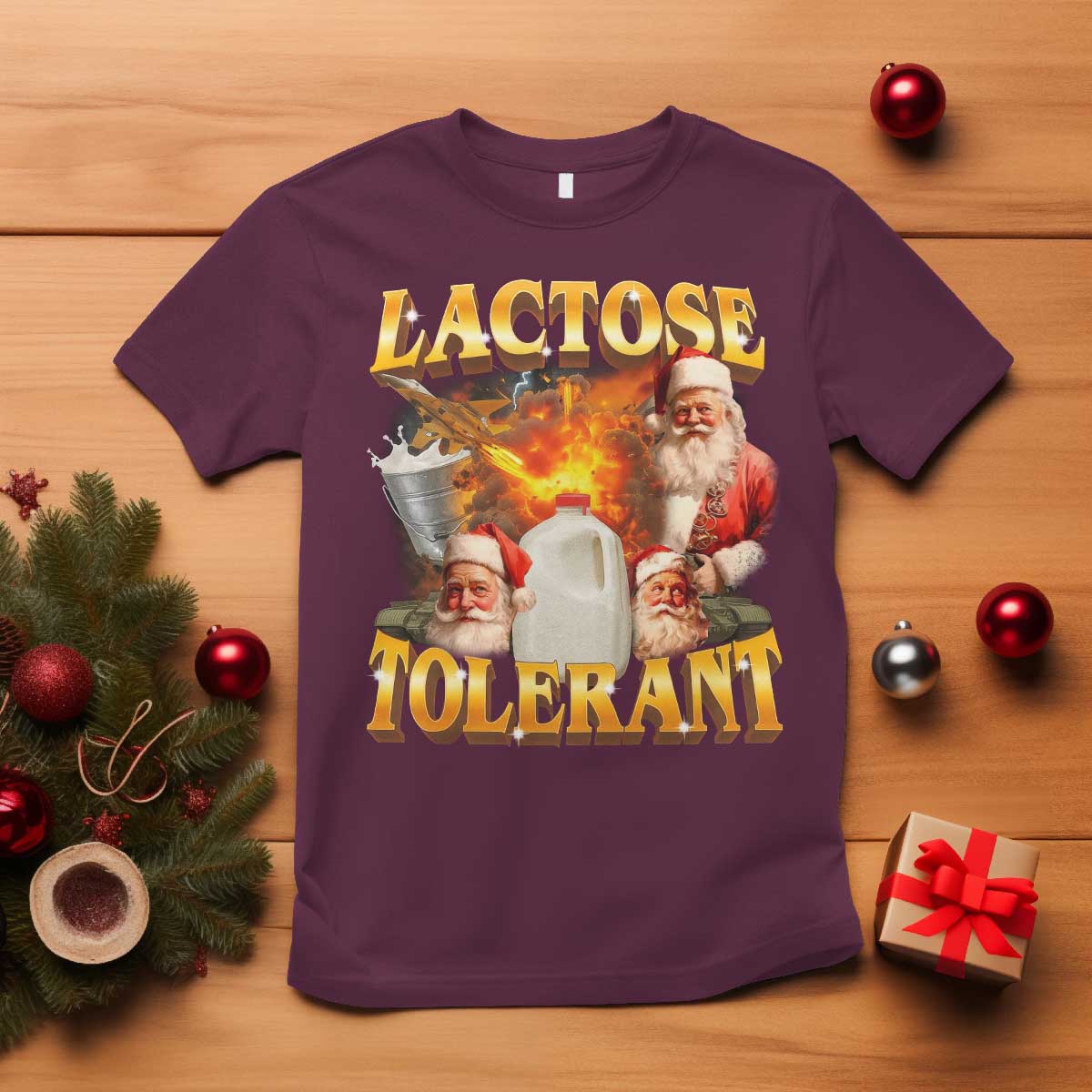 Funny Christmas Santa Lactose Tolerant T Shirt Xmas Tummy Ironic Sarcastic Meme TS11 Maroon Print Your Wear