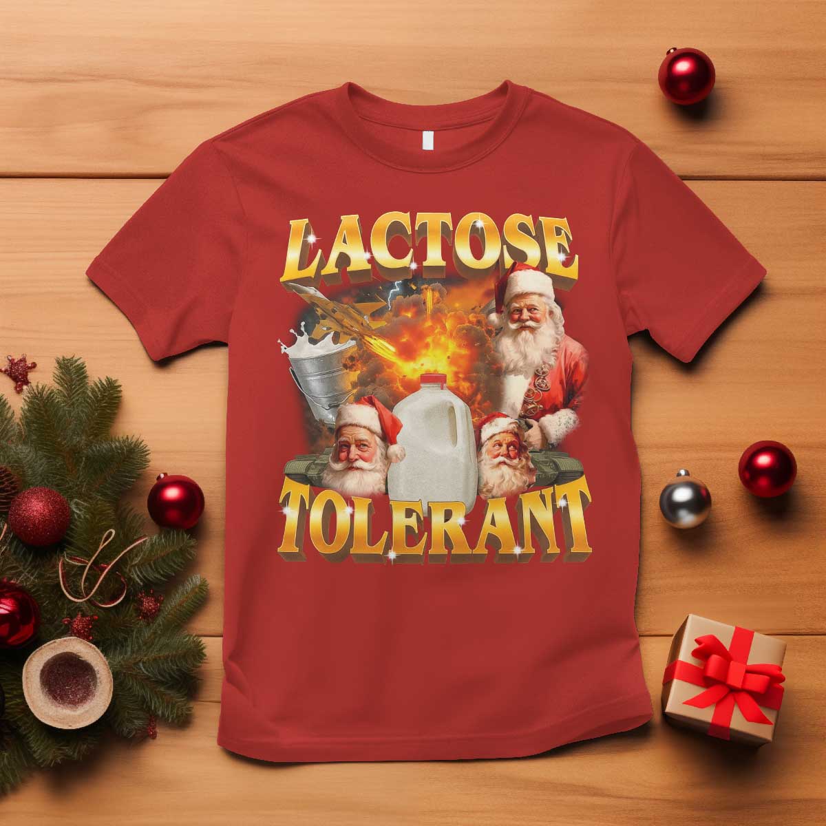 Funny Christmas Santa Lactose Tolerant T Shirt Xmas Tummy Ironic Sarcastic Meme TS11 Red Print Your Wear