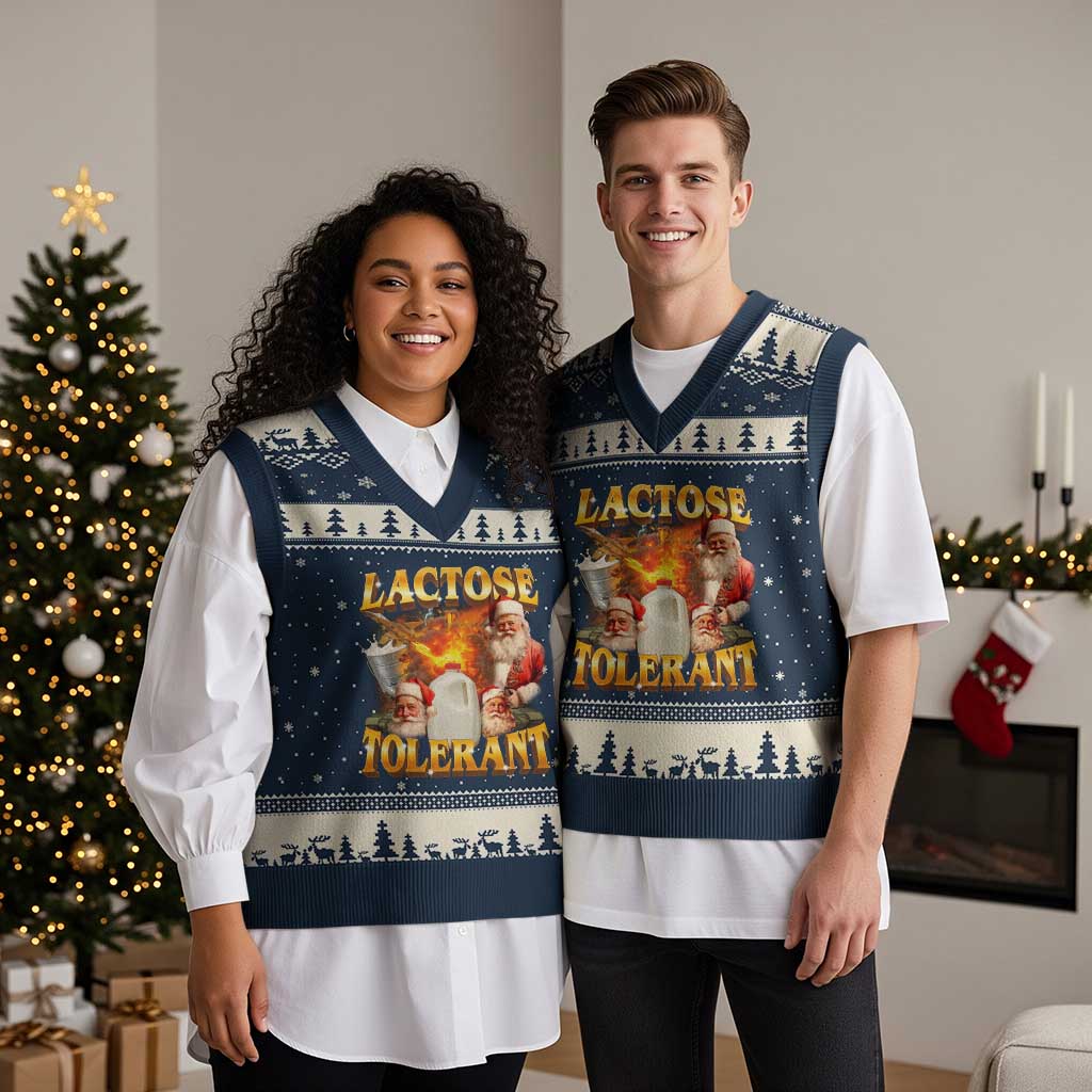 Funny Xmas Santa Lactose Tolerant V-Neck Knit Sweater Vest Xmas Tummy Ironic Sarcastic Meme TS11 Navy Beige Print Your Wear