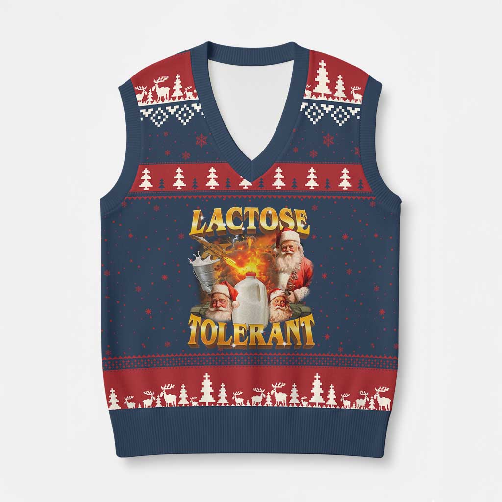 Funny Xmas Santa Lactose Tolerant V-Neck Knit Sweater Vest Xmas Tummy Ironic Sarcastic Meme TS11 Navy Red Print Your Wear
