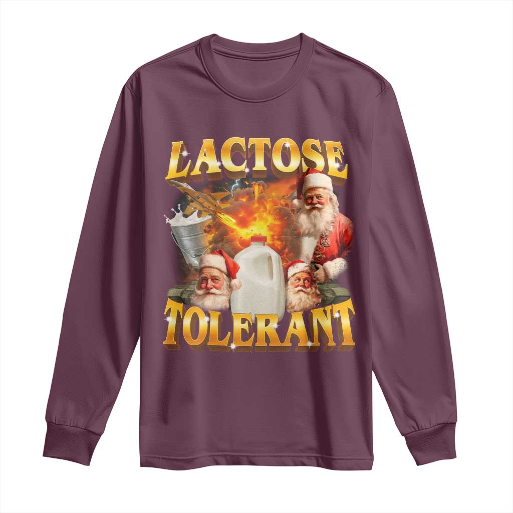 Funny Christmas Santa Lactose Tolerant Long Sleeve Shirt Xmas Tummy Ironic Sarcastic Meme TS11 Maroon Print Your Wear