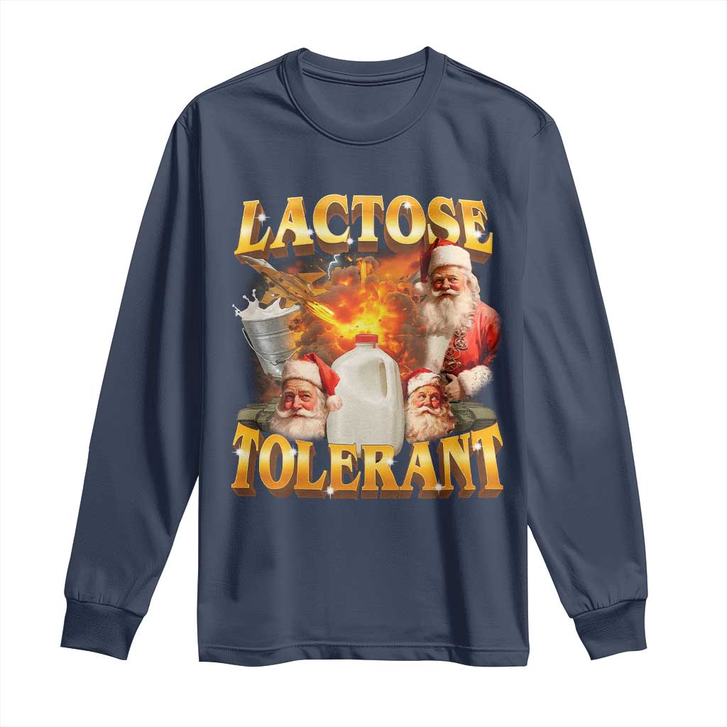 Funny Christmas Santa Lactose Tolerant Long Sleeve Shirt Xmas Tummy Ironic Sarcastic Meme TS11 Navy Print Your Wear