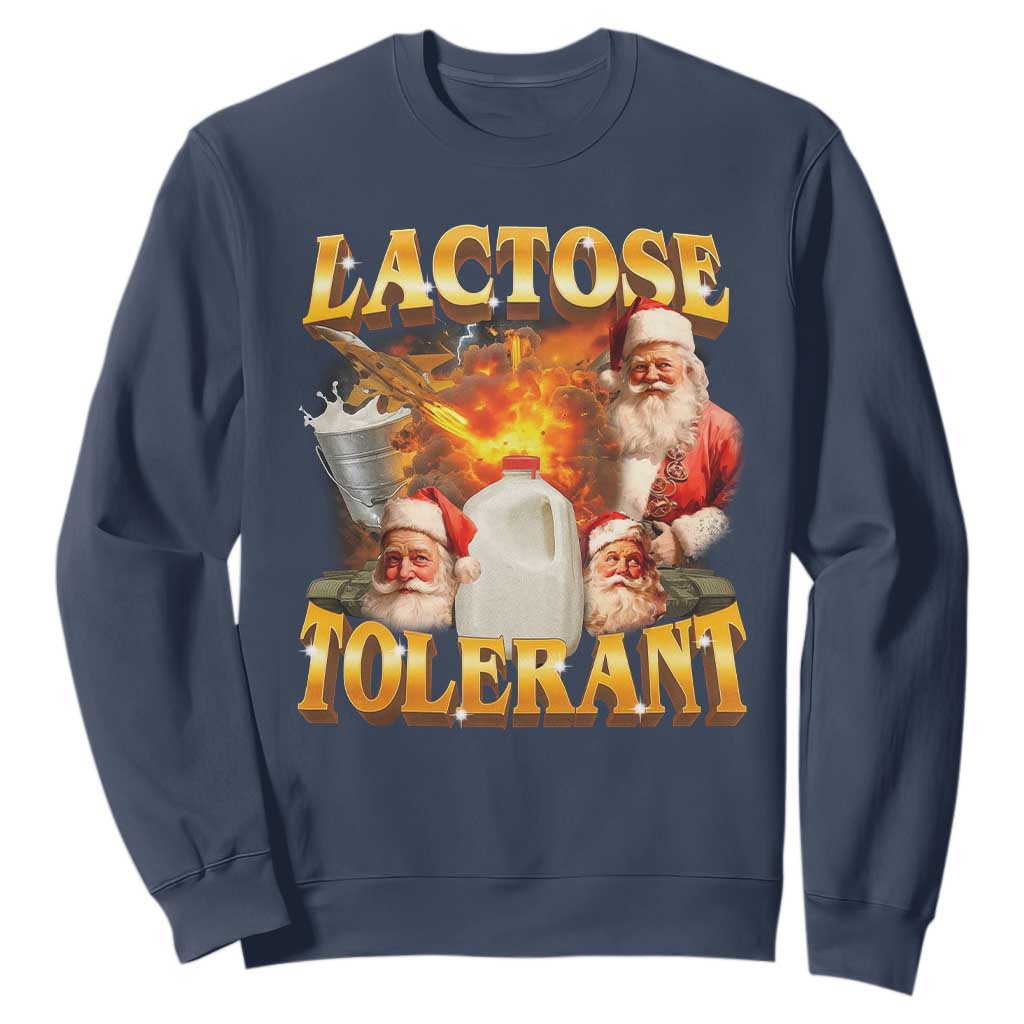 Funny Christmas Santa Lactose Tolerant Sweatshirt Xmas Tummy Ironic Sarcastic Meme TS11 Navy Print Your Wear
