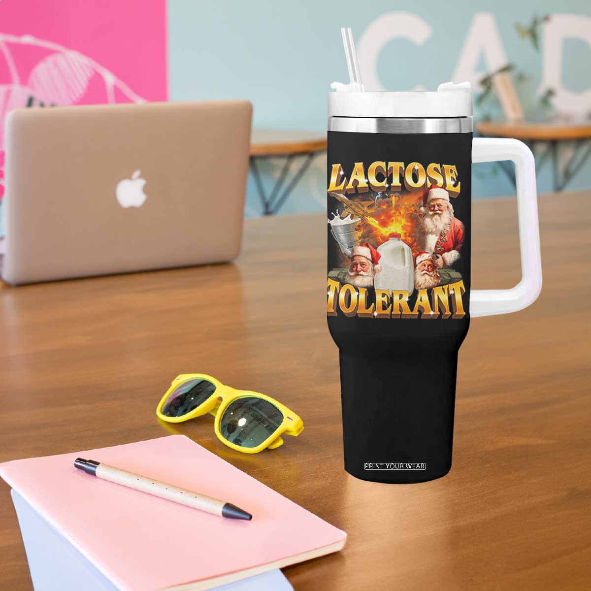 Funny Christmas Santa Lactose Tolerant Tumbler With Handle Xmas Tummy Ironic Sarcastic Meme - Print Your Wear