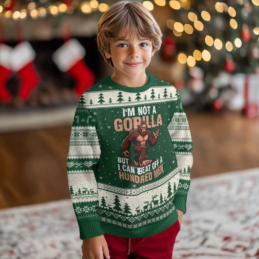 I'm Not A Gorilla But I Can't Beat Off A Hundred Men Ugly Christmas Sweater Funny Bigfoot Meme TS11 Forest Green Beige Print Your Wear