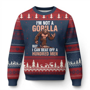 I'm Not A Gorilla But I Can't Beat Off A Hundred Men Ugly Christmas Sweater Funny Bigfoot Meme TS11 Navy Red Print Your Wear
