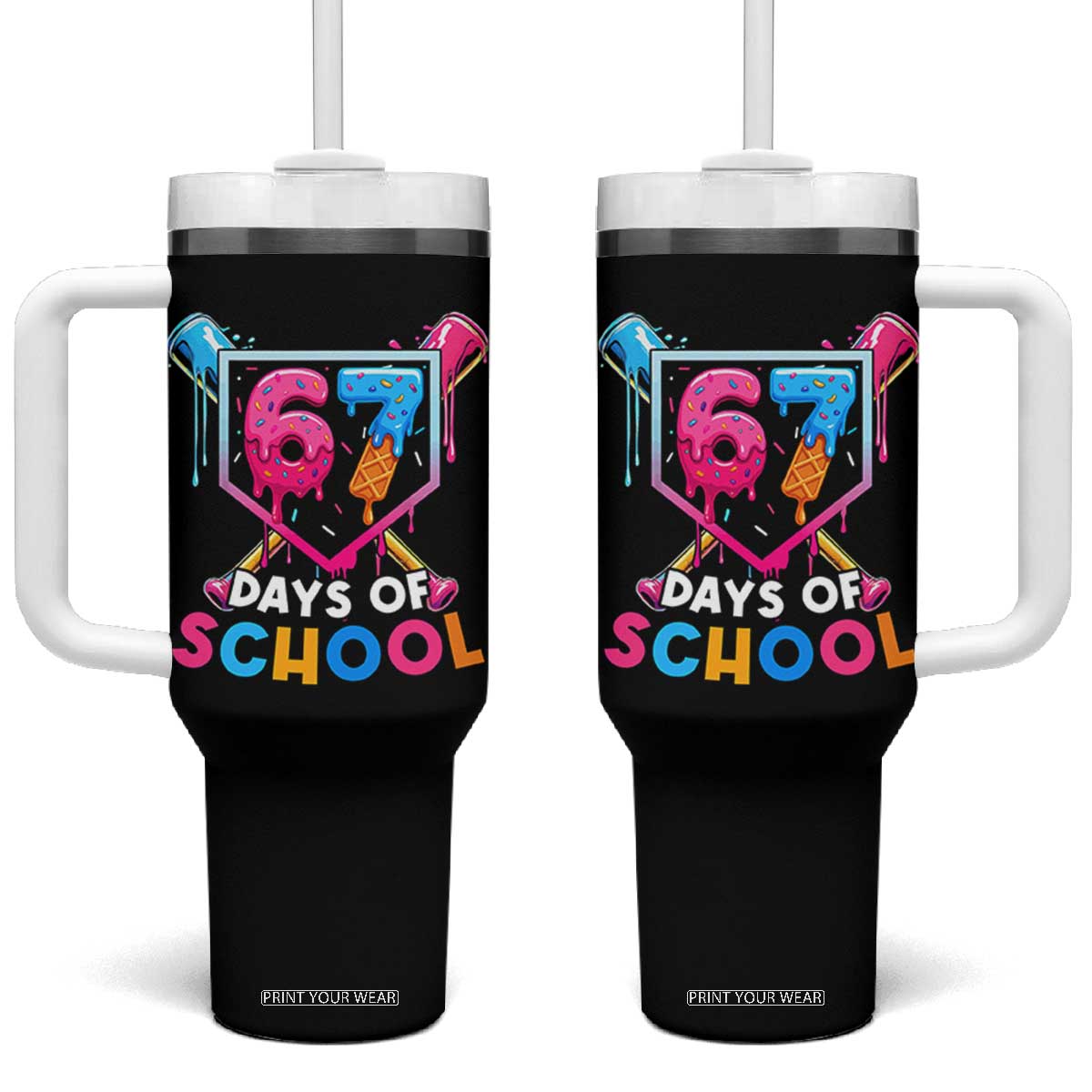 Funny 67 Days Of School Baseball Drip Tumbler With Handle Six Seven Meme Gen Alpha TS11 One Size: 40 oz Black Print Your Wear