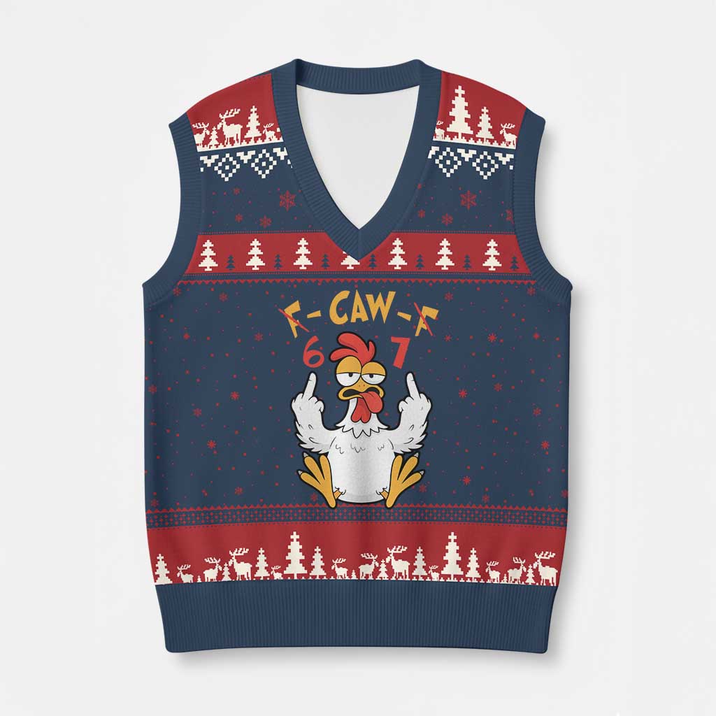 Funny F Caw F 67 Meme V-Neck Knit Sweater Vest Cartoon Chicken Six Seven Poultry Humor TS11 Navy Red Print Your Wear