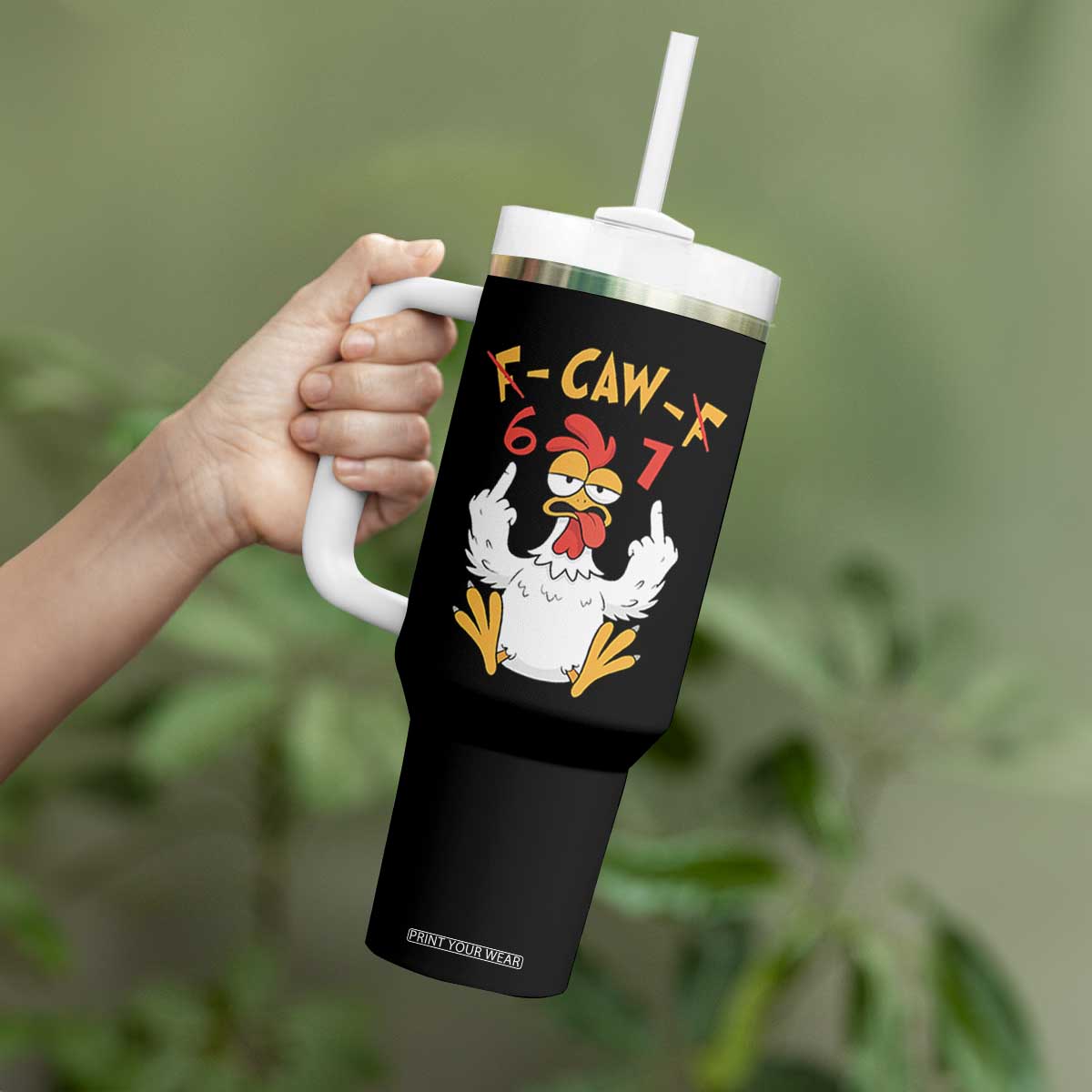 Funny F Caw F 67 Meme Tumbler With Handle Cartoon Chicken Six Seven Poultry Humor TS11 Print Your Wear