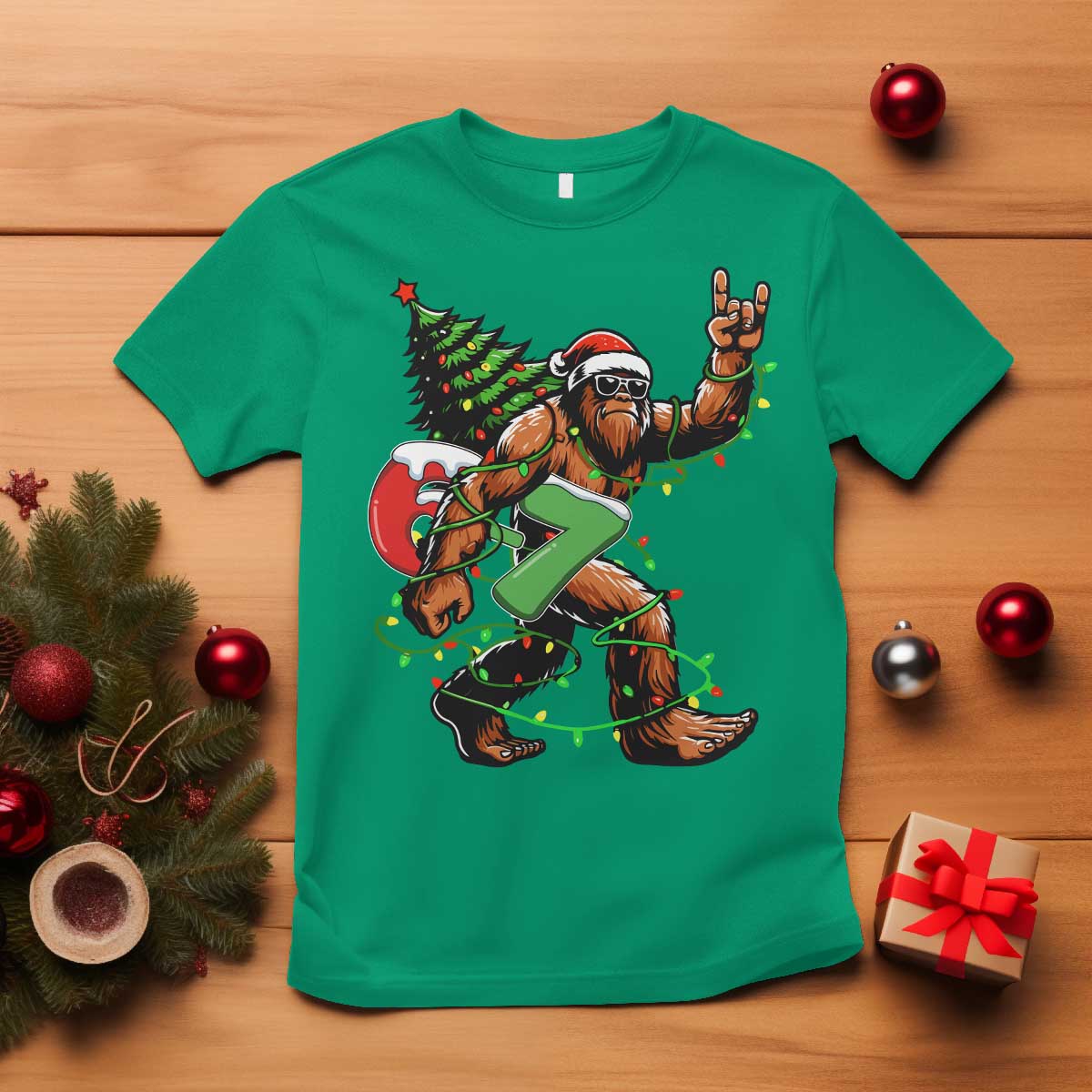Funny Santa Bigfoot 67 Christmas Tree Xmas Lights T Shirt TS11 Irish Green Print Your Wear