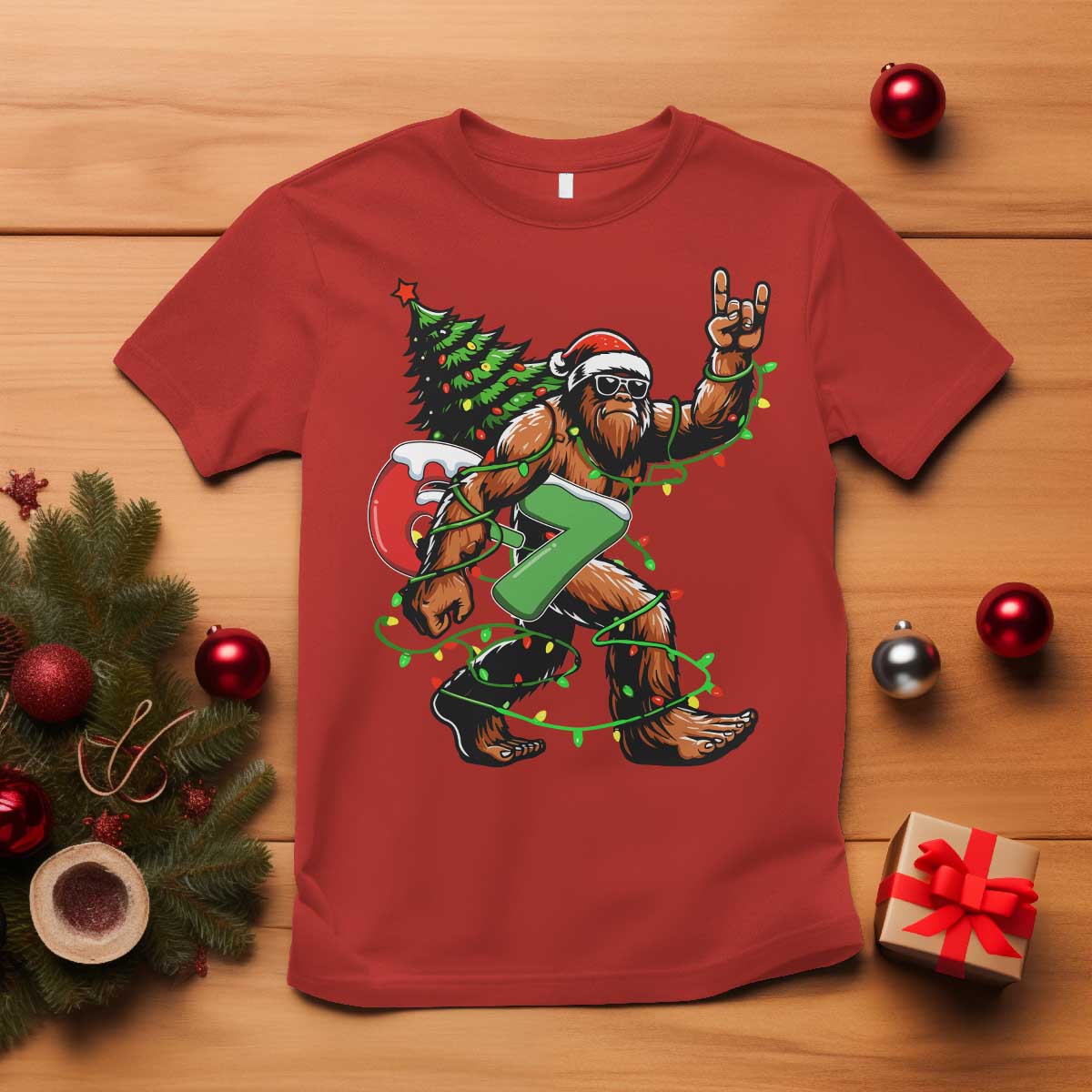 Funny Santa Bigfoot 67 Christmas Tree Xmas Lights T Shirt TS11 Red Print Your Wear
