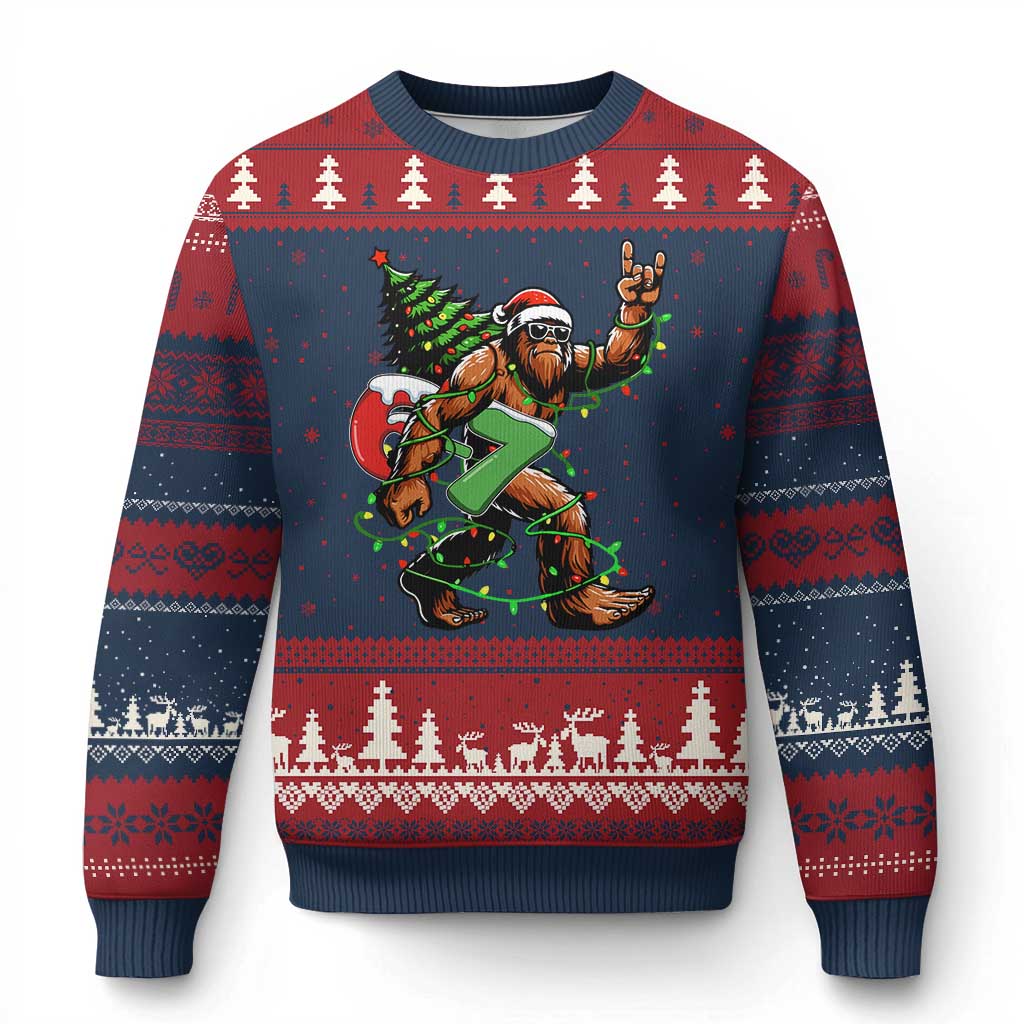 Funny Santa Bigfoot 67 Xmas Tree Xmas Lights Ugly Christmas Sweater TS11 Navy Red Print Your Wear