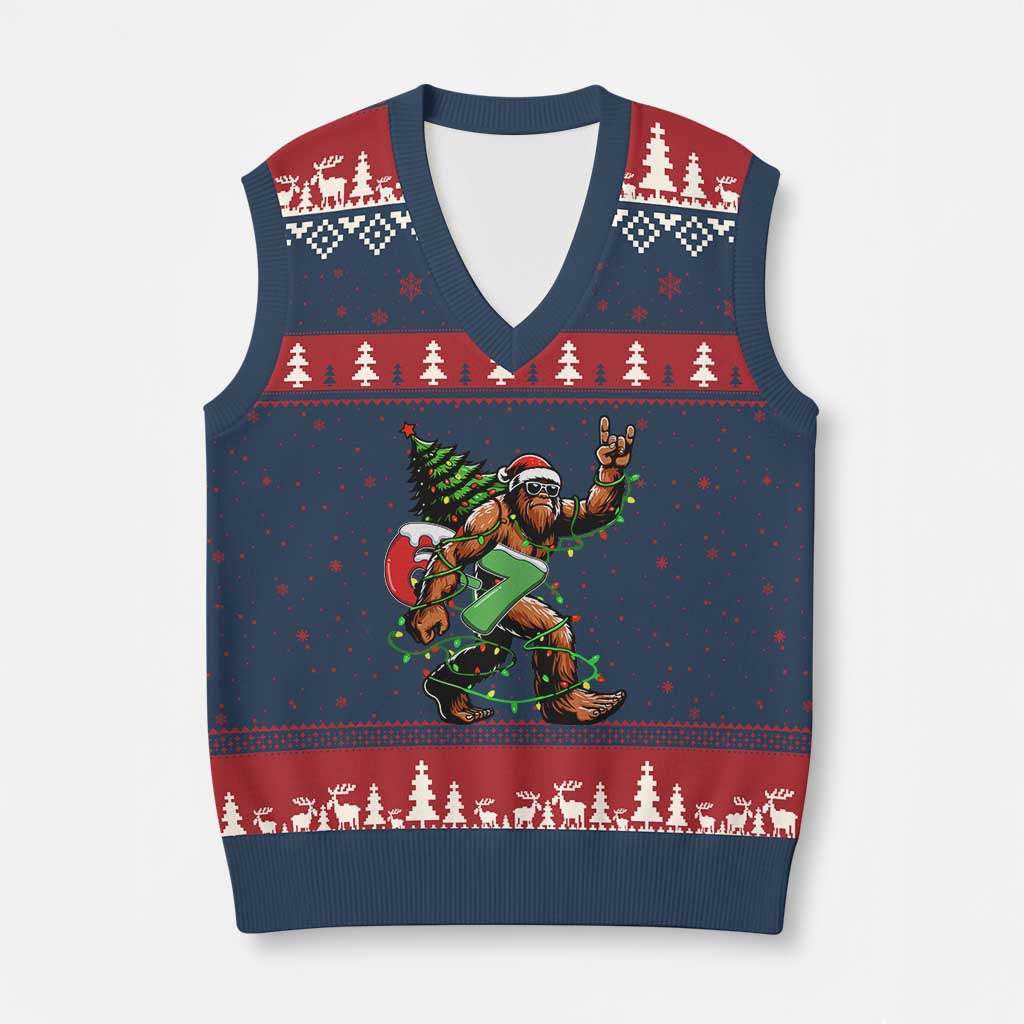Funny Santa Bigfoot 67 Xmas Tree Xmas Lights V-Neck Knit Sweater Vest TS11 Navy Red Print Your Wear