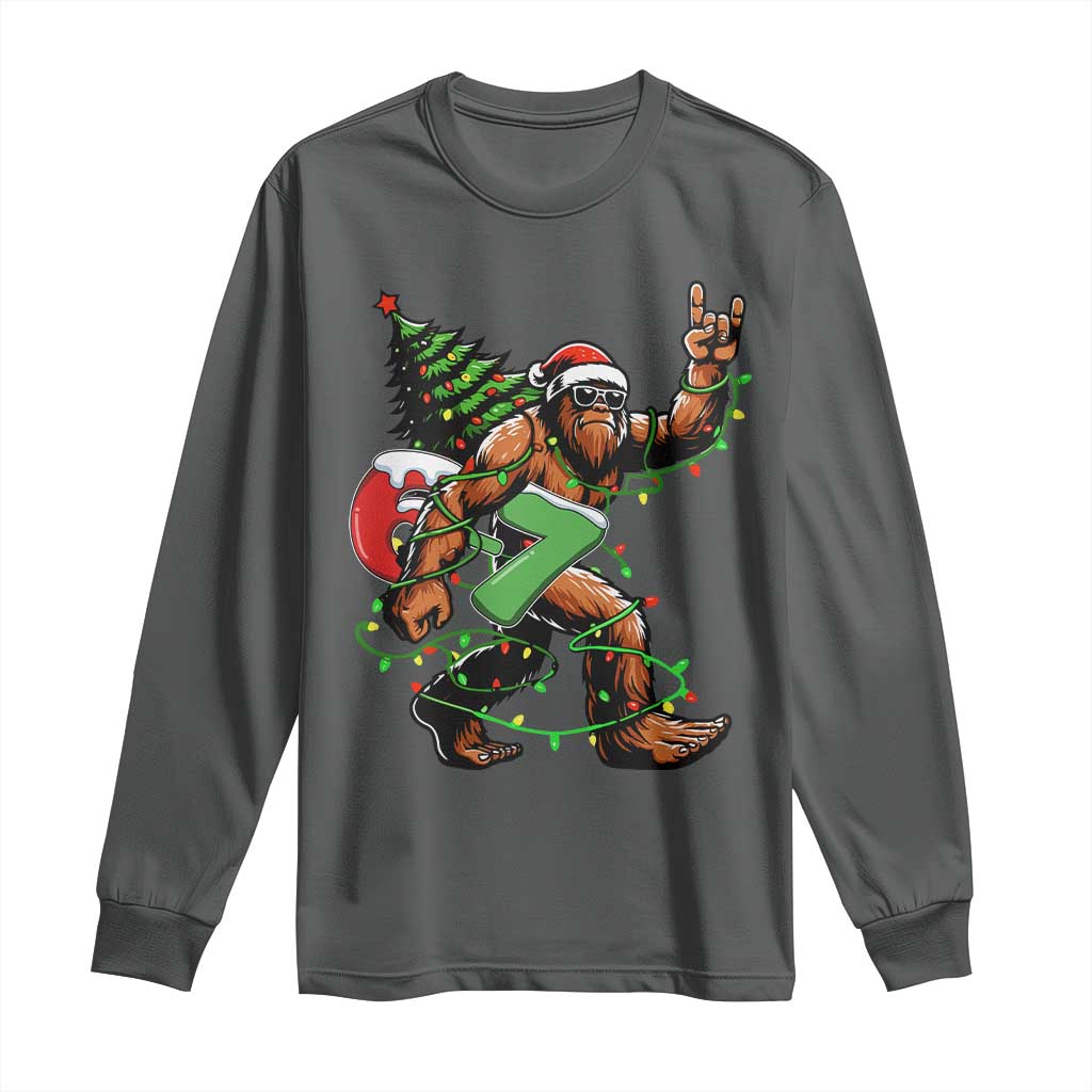 Funny Santa Bigfoot 67 Christmas Tree Xmas Lights Long Sleeve Shirt TS11 Dark Heather Print Your Wear
