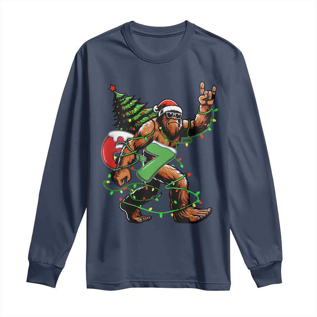 Funny Santa Bigfoot 67 Christmas Tree Xmas Lights Long Sleeve Shirt TS11 Navy Print Your Wear
