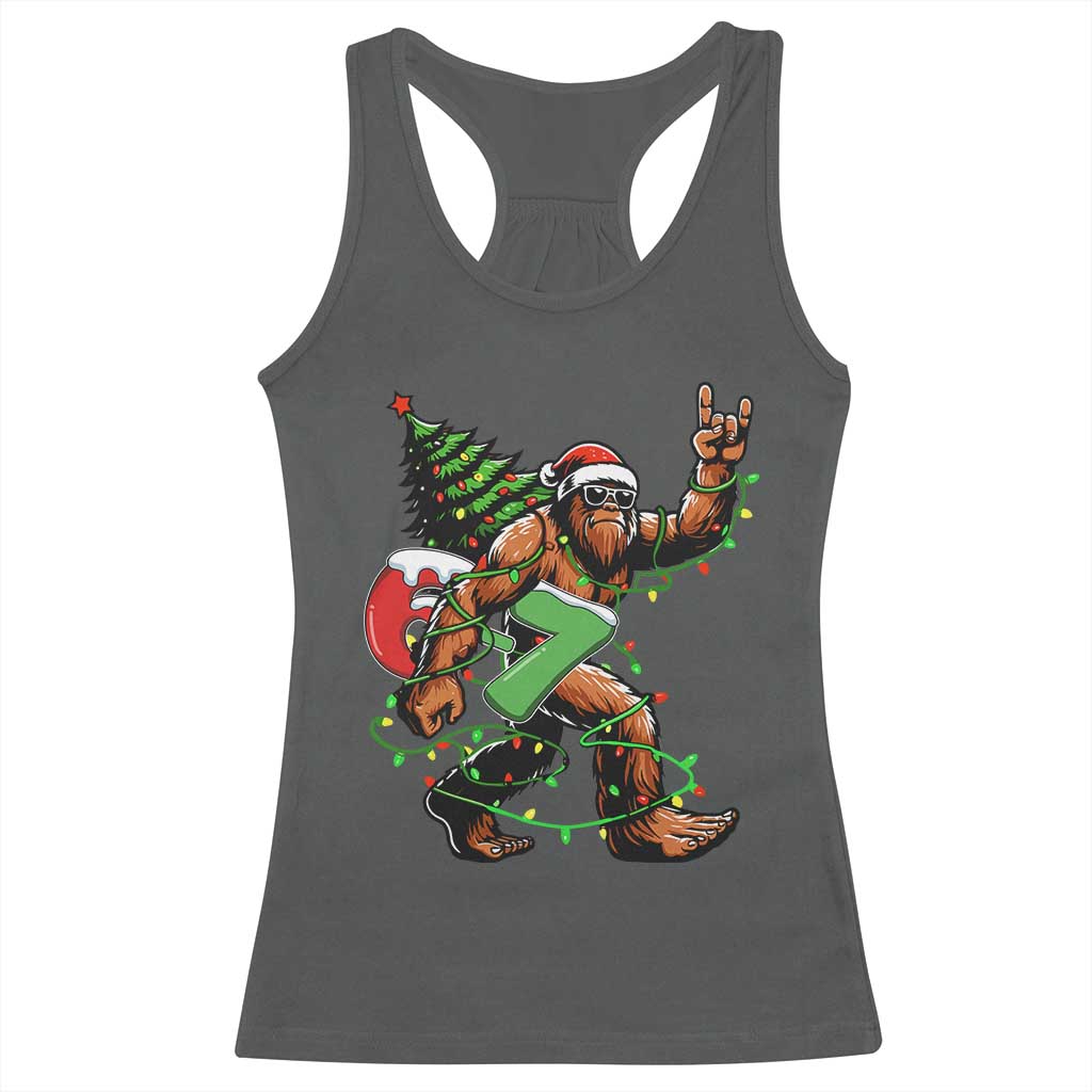 Funny Santa Bigfoot 67 Christmas Tree Xmas Lights Racerback Tank Top TS11 Dark Heather Print Your Wear