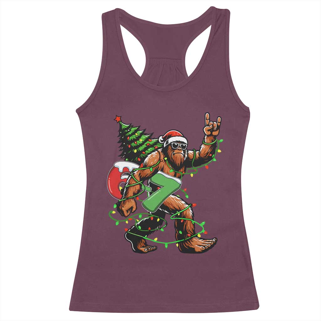 Funny Santa Bigfoot 67 Christmas Tree Xmas Lights Racerback Tank Top TS11 Maroon Print Your Wear