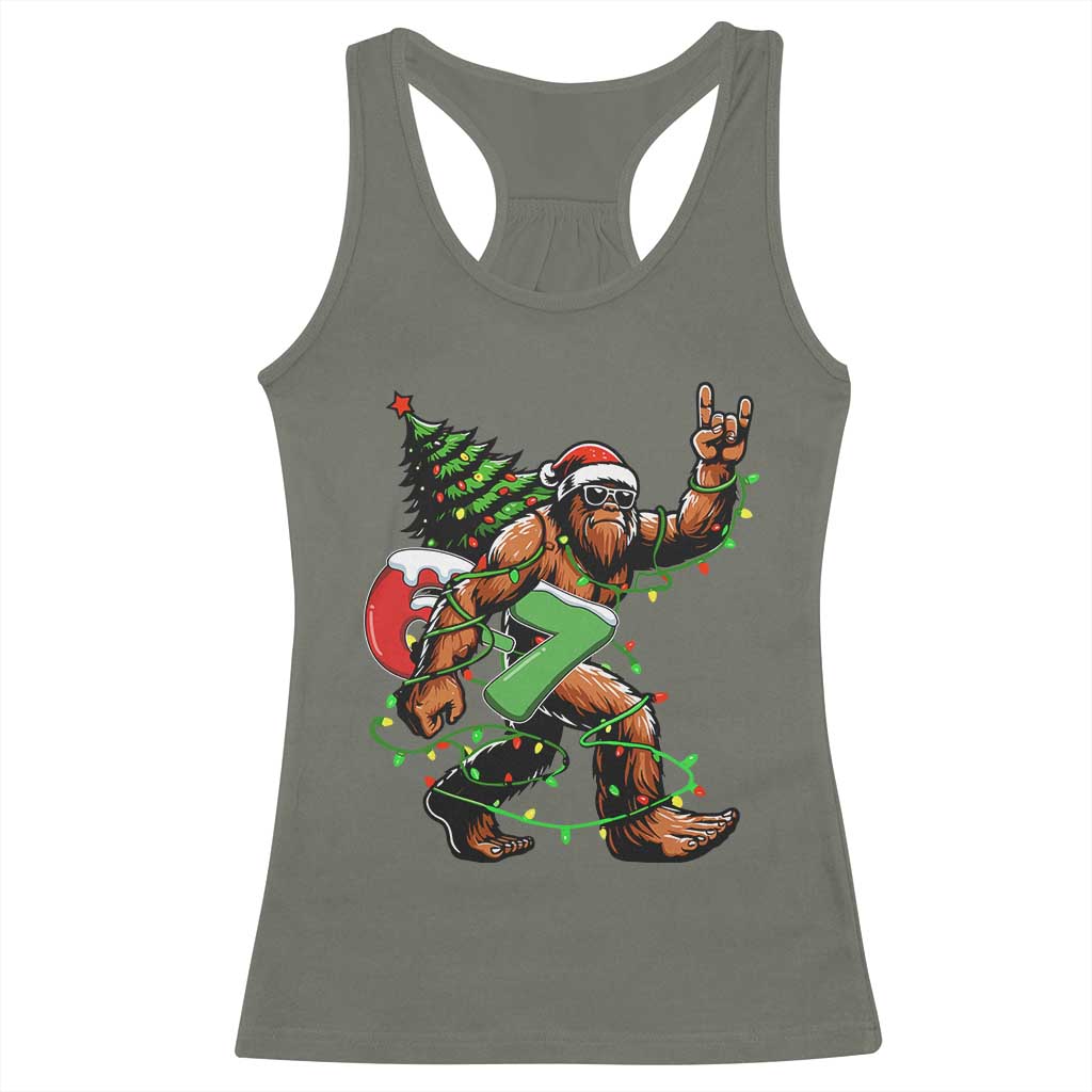 Funny Santa Bigfoot 67 Christmas Tree Xmas Lights Racerback Tank Top TS11 Military Green Print Your Wear