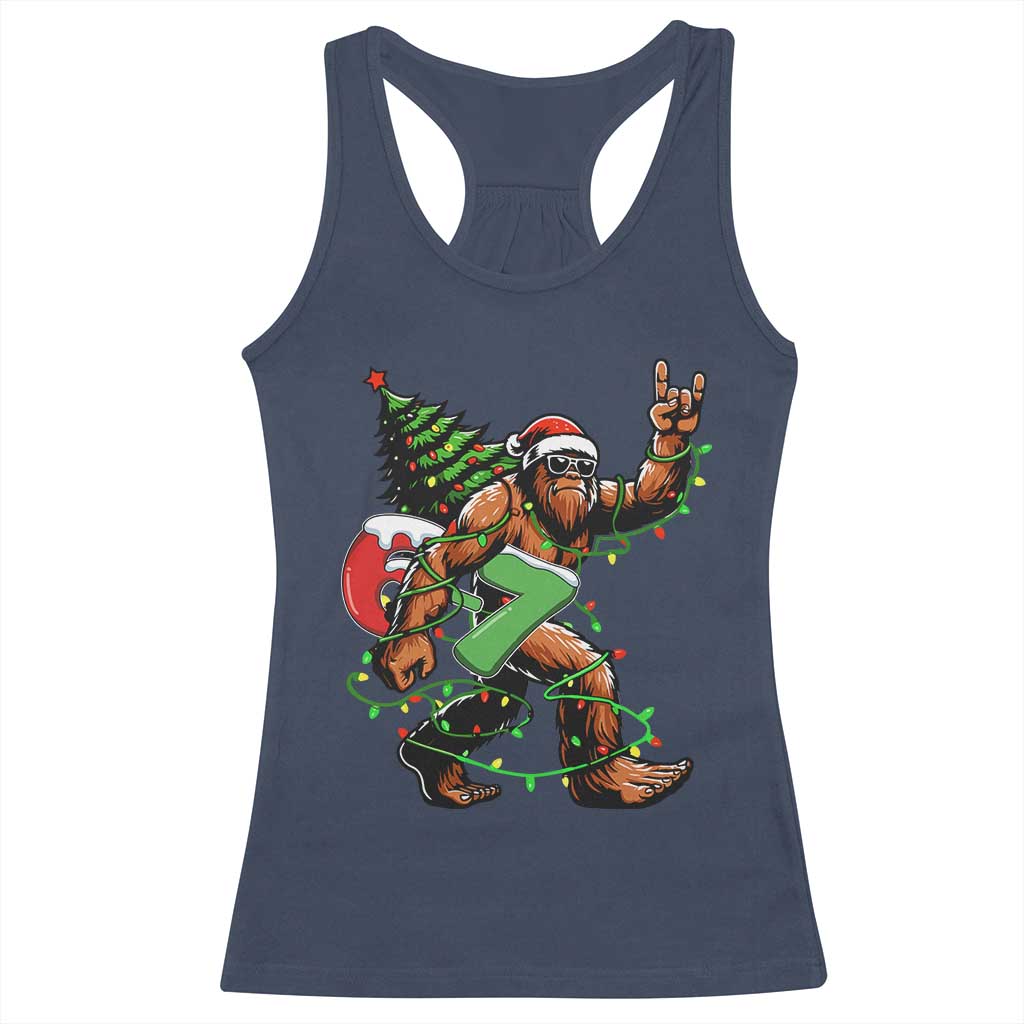 Funny Santa Bigfoot 67 Christmas Tree Xmas Lights Racerback Tank Top TS11 Navy Print Your Wear